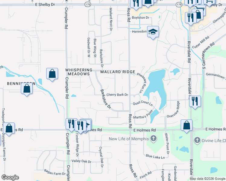 map of restaurants, bars, coffee shops, grocery stores, and more near 6620 Cherry Bark Drive in Memphis