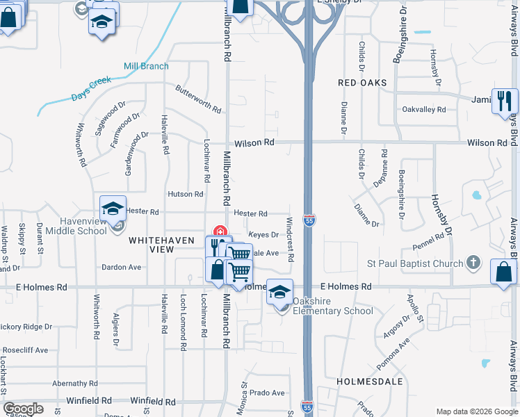 map of restaurants, bars, coffee shops, grocery stores, and more near 1739 Hester Road in Memphis