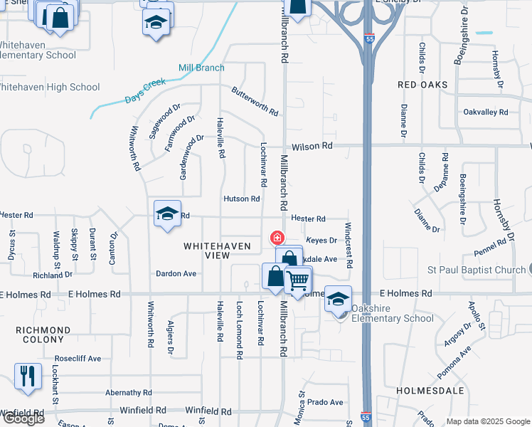 map of restaurants, bars, coffee shops, grocery stores, and more near 1657 Hester Road in Memphis
