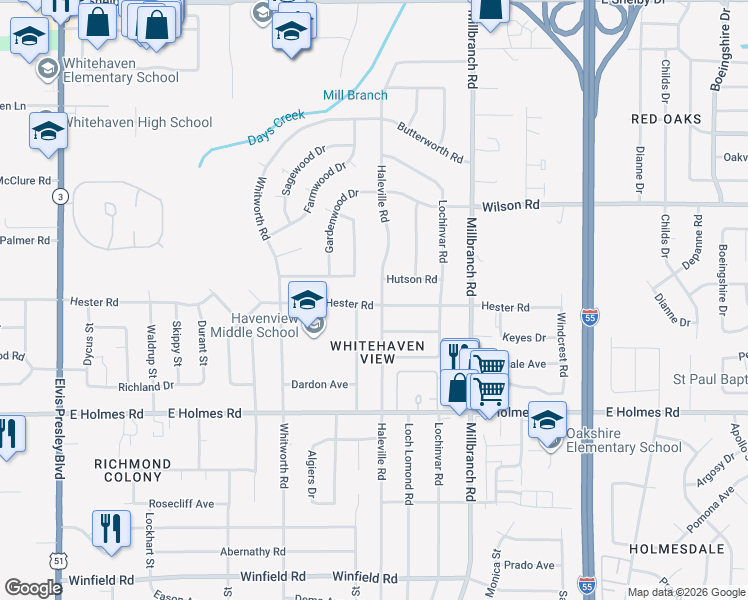 map of restaurants, bars, coffee shops, grocery stores, and more near 5075 Haleville Road in Memphis