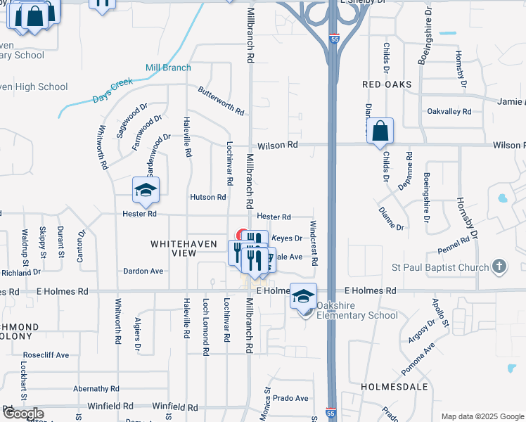 map of restaurants, bars, coffee shops, grocery stores, and more near 1708 Hester Road in Memphis