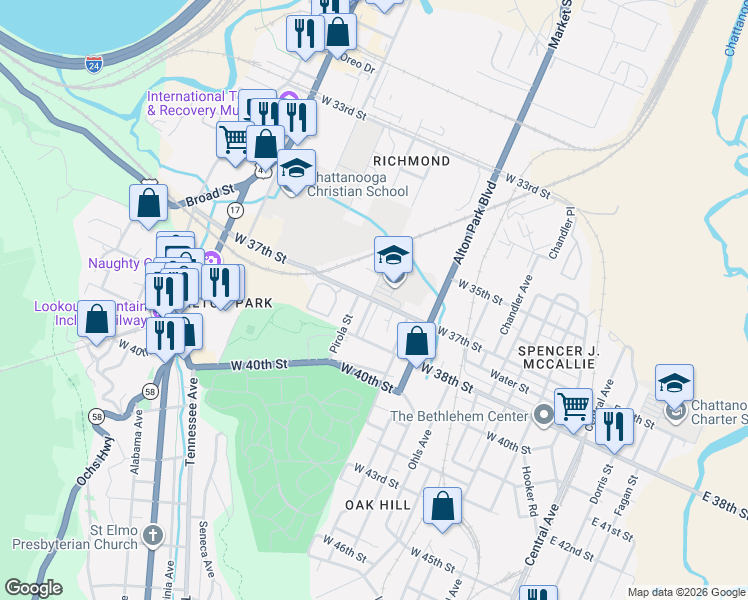 map of restaurants, bars, coffee shops, grocery stores, and more near 3717 Carl White Place in Chattanooga