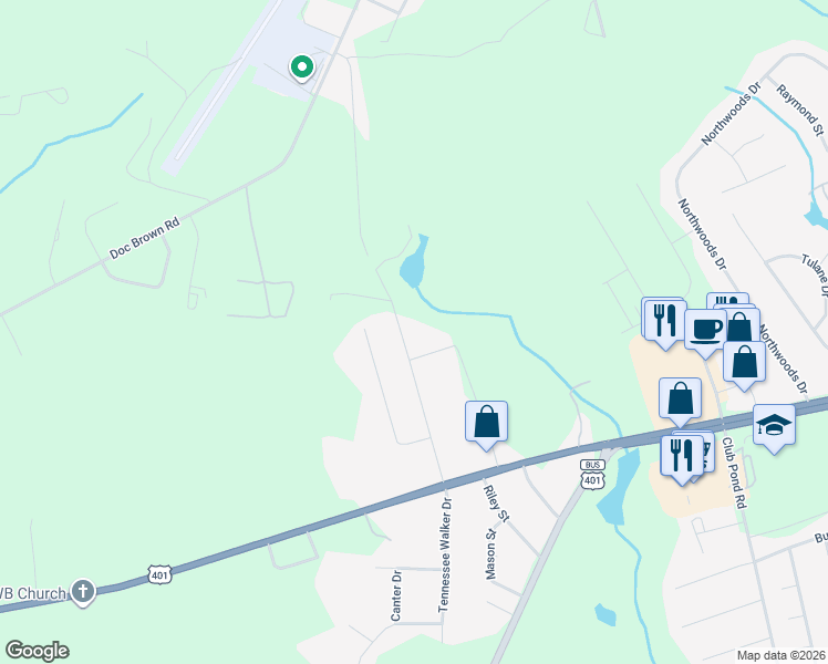 map of restaurants, bars, coffee shops, grocery stores, and more near 434 Noble Drive in Raeford