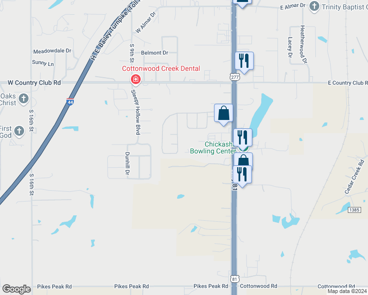 map of restaurants, bars, coffee shops, grocery stores, and more near 156 Parkway Drive in Chickasha