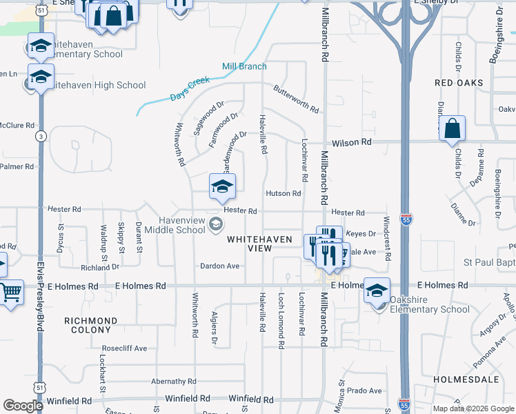 map of restaurants, bars, coffee shops, grocery stores, and more near 5075 Haleville Road in Memphis