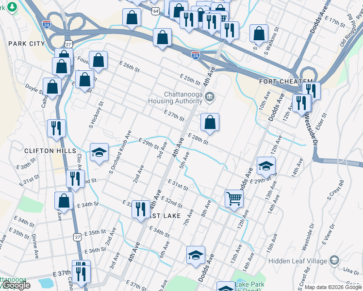 map of restaurants, bars, coffee shops, grocery stores, and more near 2819 4th Avenue in Chattanooga
