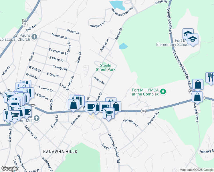 map of restaurants, bars, coffee shops, grocery stores, and more near 410 Joe Louis Street in Fort Mill