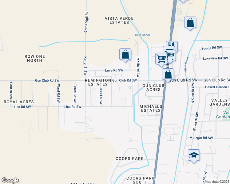 map of restaurants, bars, coffee shops, grocery stores, and more near 4408 Don Pedro Padilla Road Southwest in Albuquerque
