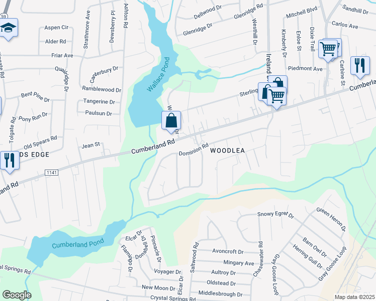 map of restaurants, bars, coffee shops, grocery stores, and more near 4704 Dominion Road in Fayetteville