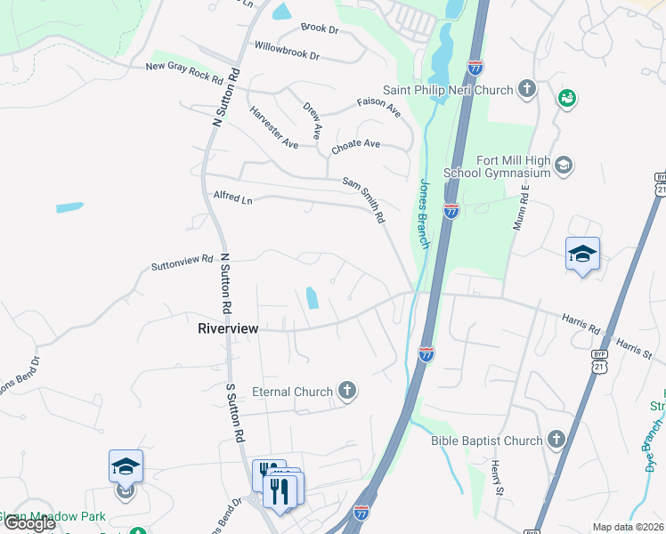map of restaurants, bars, coffee shops, grocery stores, and more near 1226 Brook Crest Lane in Fort Mill