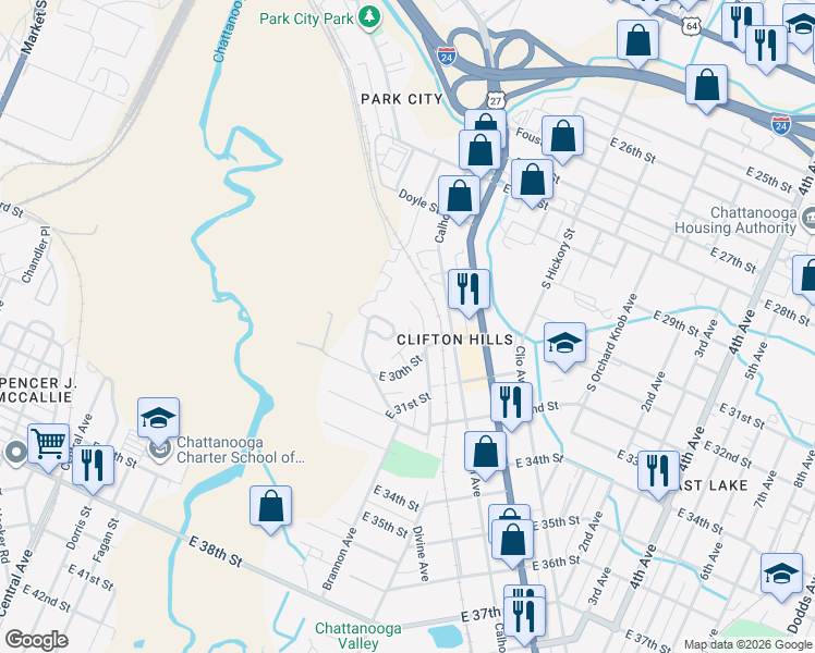 map of restaurants, bars, coffee shops, grocery stores, and more near 1327 Clifton Terrace in Chattanooga
