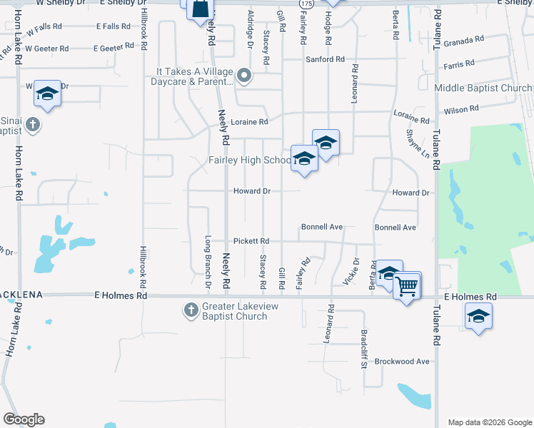 map of restaurants, bars, coffee shops, grocery stores, and more near 5075 Gill Road in Memphis