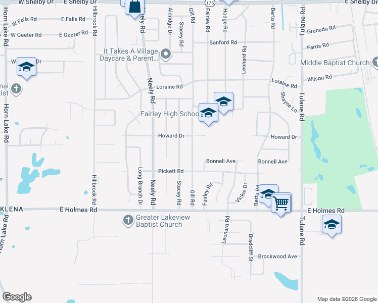 map of restaurants, bars, coffee shops, grocery stores, and more near 5075 Gill Road in Memphis