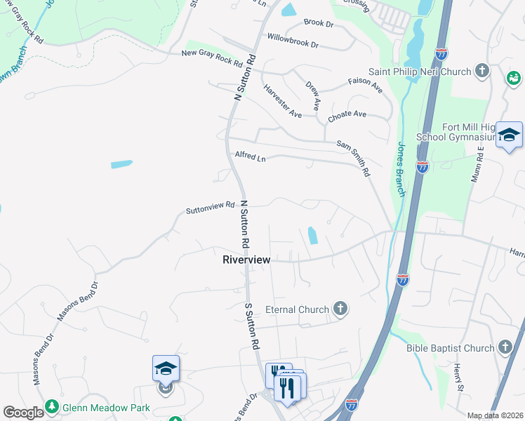 map of restaurants, bars, coffee shops, grocery stores, and more near 168 South Sutton Road in Fort Mill