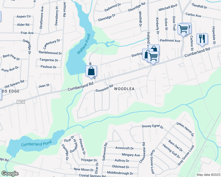 map of restaurants, bars, coffee shops, grocery stores, and more near 2612 Brentford Drive in Fayetteville
