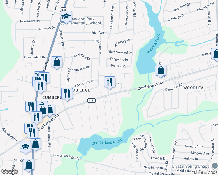 map of restaurants, bars, coffee shops, grocery stores, and more near 4338 Cumberland Road in Fayetteville