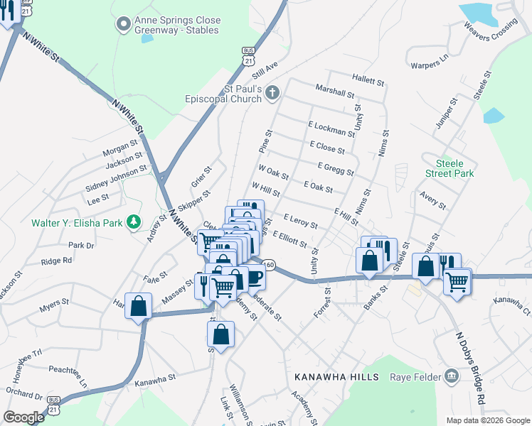 map of restaurants, bars, coffee shops, grocery stores, and more near 202 Springs Street in Fort Mill