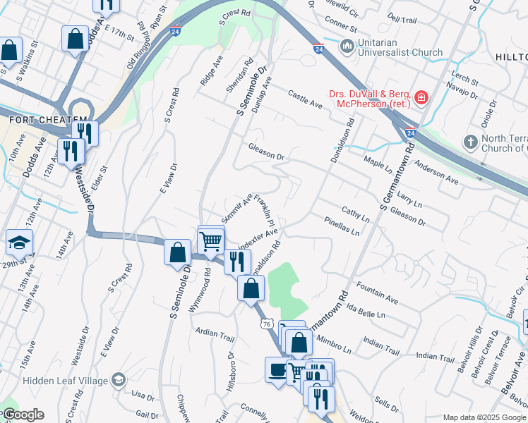 map of restaurants, bars, coffee shops, grocery stores, and more near 811 Poindexter Avenue in Chattanooga