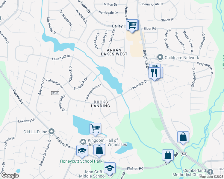 map of restaurants, bars, coffee shops, grocery stores, and more near 6016 Lake Trail Drive in Fayetteville