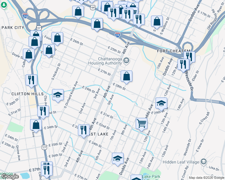 map of restaurants, bars, coffee shops, grocery stores, and more near 2812 5th Avenue in Chattanooga