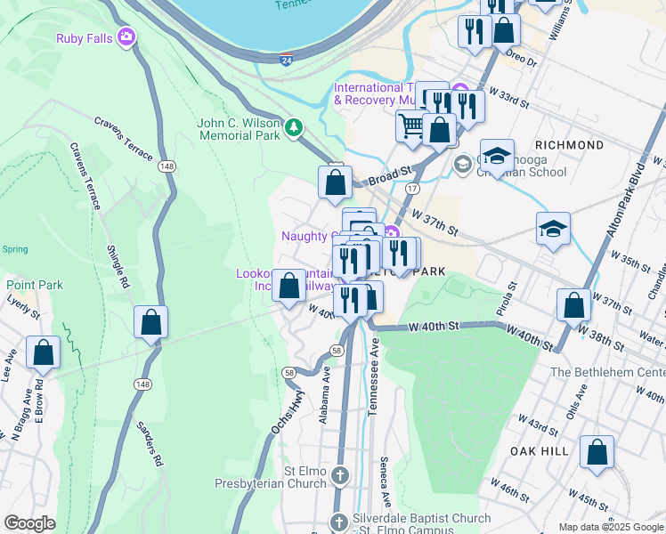 map of restaurants, bars, coffee shops, grocery stores, and more near 201 Old Mountain Road in Chattanooga