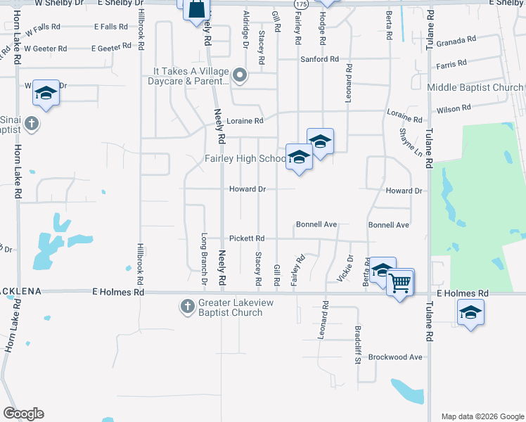 map of restaurants, bars, coffee shops, grocery stores, and more near 5075 Gill Road in Memphis