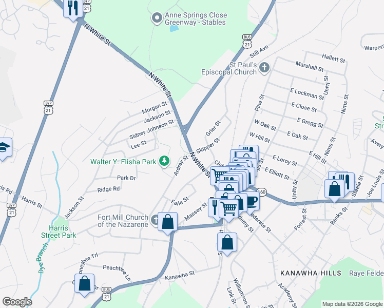 map of restaurants, bars, coffee shops, grocery stores, and more near N White St & Skipper St in Fort Mill