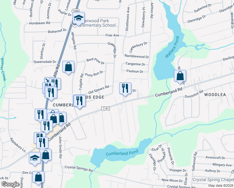 map of restaurants, bars, coffee shops, grocery stores, and more near 4428 Cumberland Road in Fayetteville