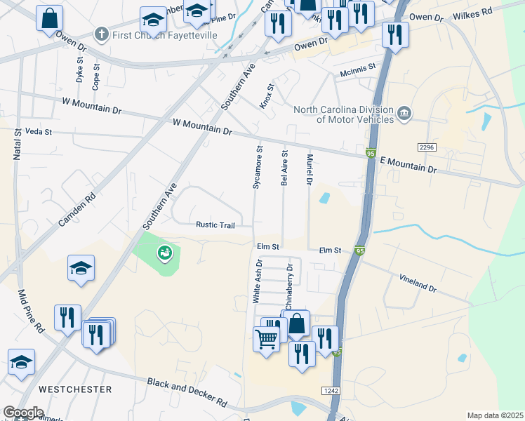 map of restaurants, bars, coffee shops, grocery stores, and more near 2549 Sycamore Street in Fayetteville
