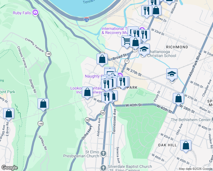 map of restaurants, bars, coffee shops, grocery stores, and more near 201 Old Mountain Road in Chattanooga