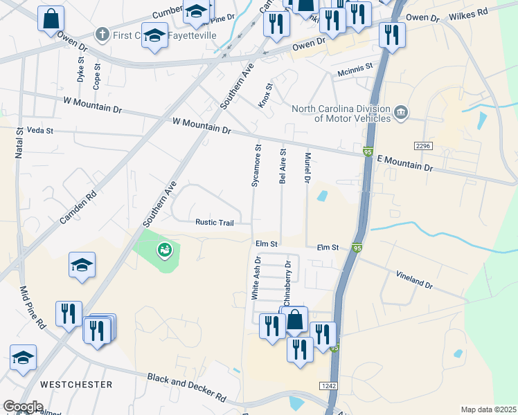 map of restaurants, bars, coffee shops, grocery stores, and more near 2549 Sycamore Street in Fayetteville