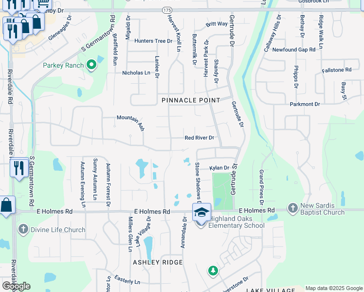 map of restaurants, bars, coffee shops, grocery stores, and more near 7414 Iris Cove in Memphis