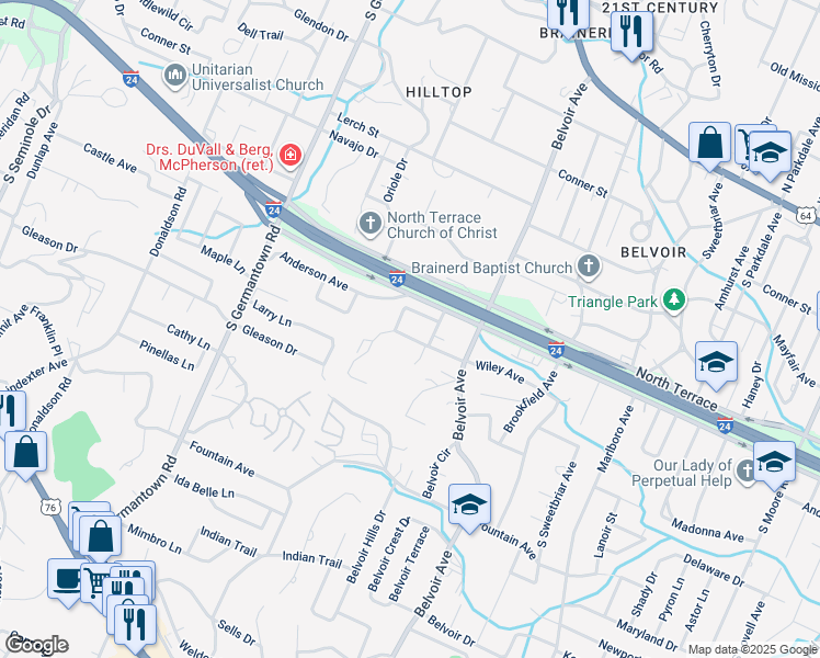 map of restaurants, bars, coffee shops, grocery stores, and more near 3810 Wiley Avenue in Chattanooga