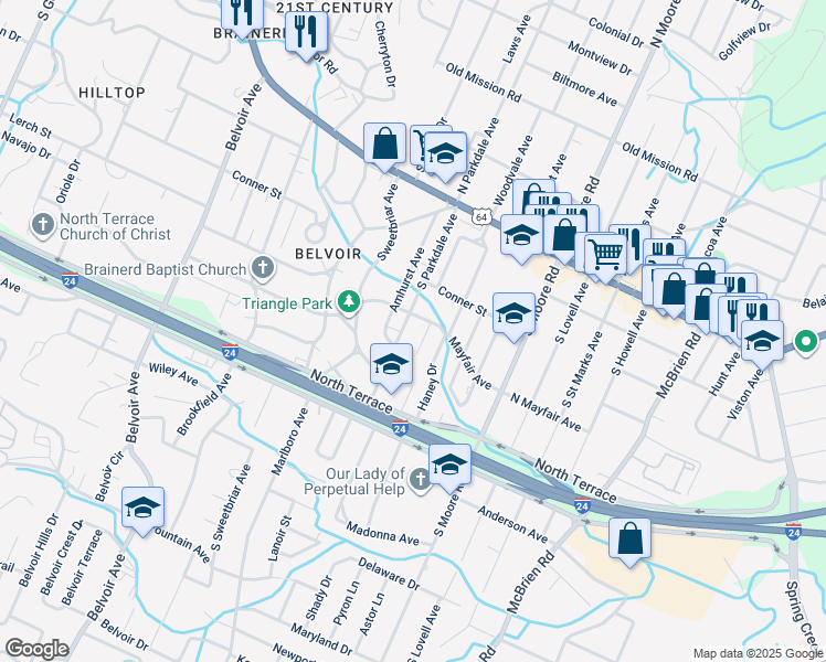 map of restaurants, bars, coffee shops, grocery stores, and more near 318 South Parkdale Avenue in Chattanooga