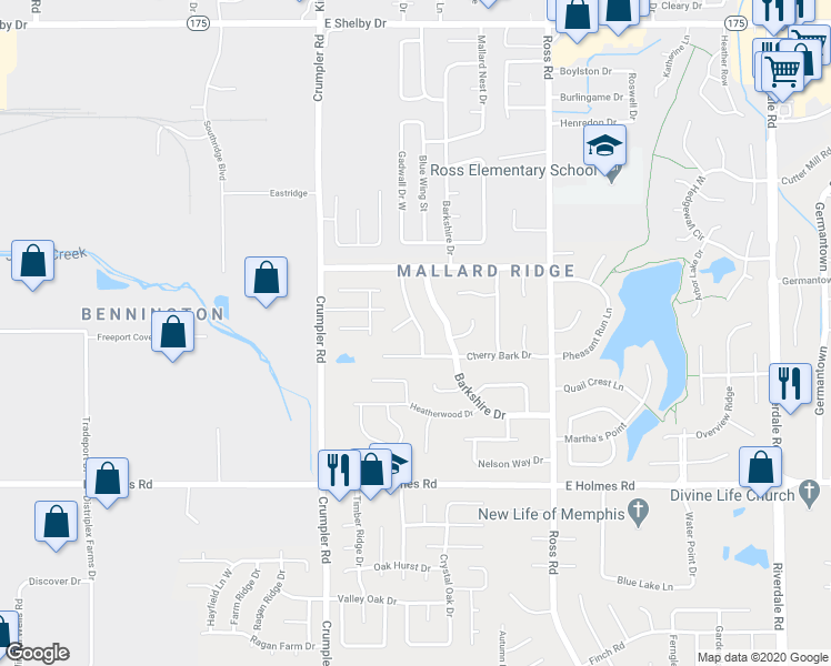 map of restaurants, bars, coffee shops, grocery stores, and more near 5047 Bartonwood Drive in Memphis