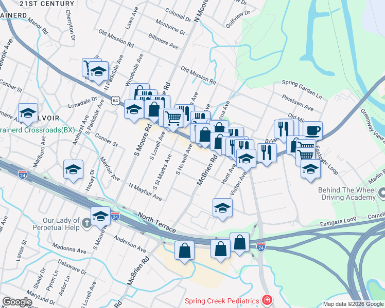 map of restaurants, bars, coffee shops, grocery stores, and more near 104 South Howell Avenue in Chattanooga