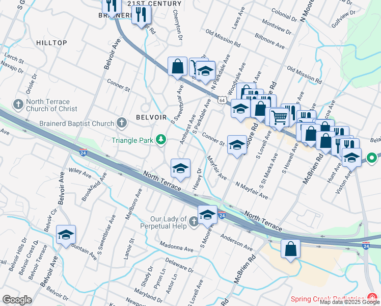 map of restaurants, bars, coffee shops, grocery stores, and more near 318 South Parkdale Avenue in Chattanooga