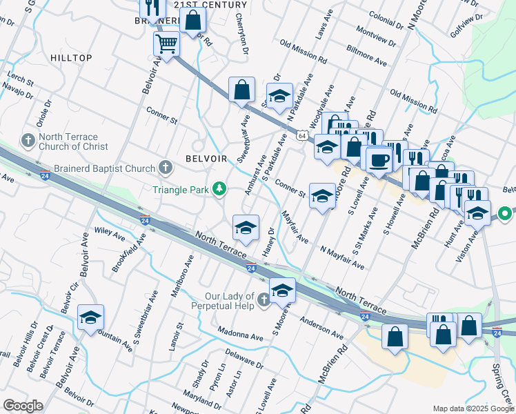map of restaurants, bars, coffee shops, grocery stores, and more near 318 South Parkdale Avenue in Chattanooga