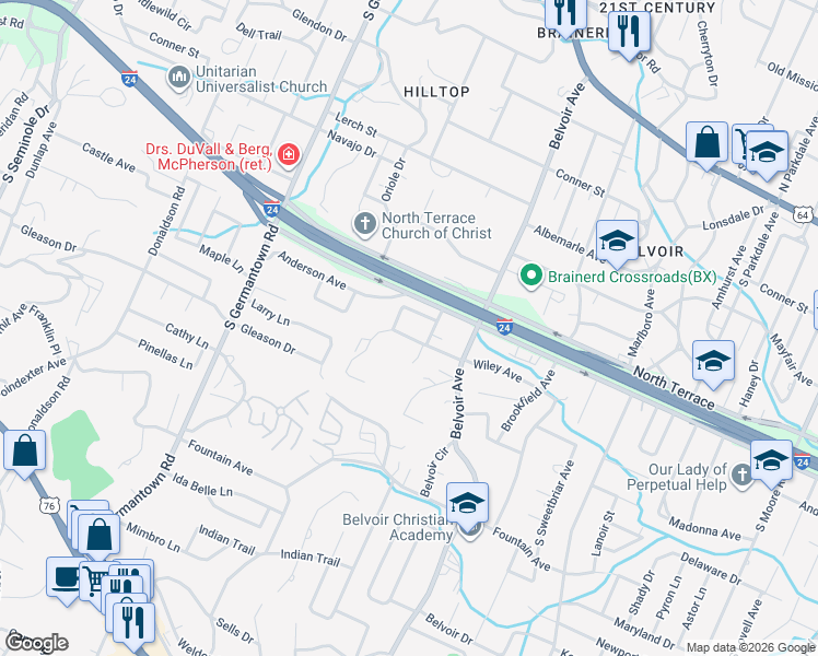 map of restaurants, bars, coffee shops, grocery stores, and more near 3810 Wiley Avenue in Chattanooga