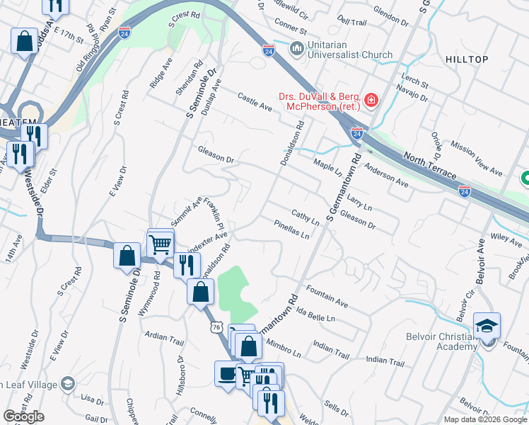 map of restaurants, bars, coffee shops, grocery stores, and more near 874 Donaldson Road in Chattanooga