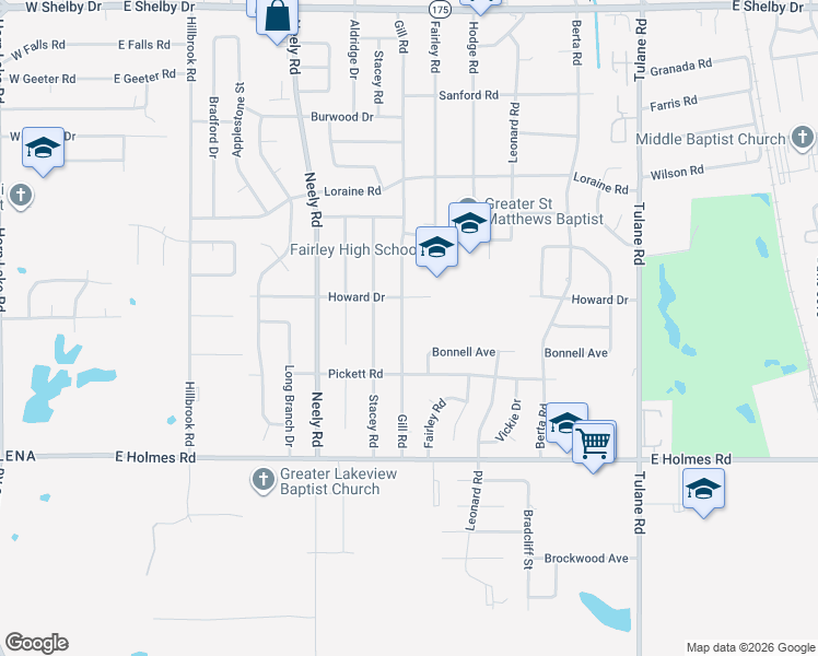 map of restaurants, bars, coffee shops, grocery stores, and more near 5075 Gill Road in Memphis