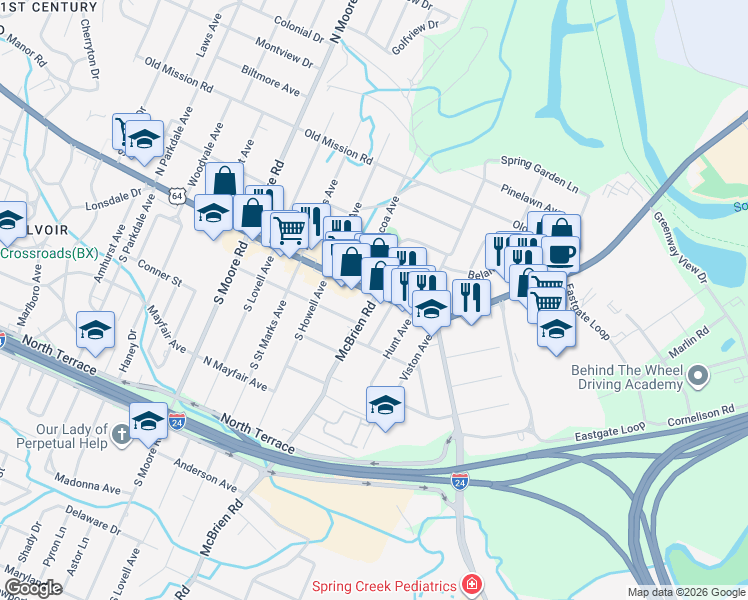 map of restaurants, bars, coffee shops, grocery stores, and more near 5 South Brooks Avenue in Chattanooga