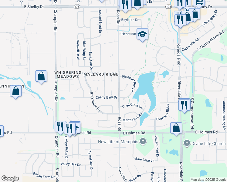 map of restaurants, bars, coffee shops, grocery stores, and more near 5050 Cherry Bark Cove in Memphis