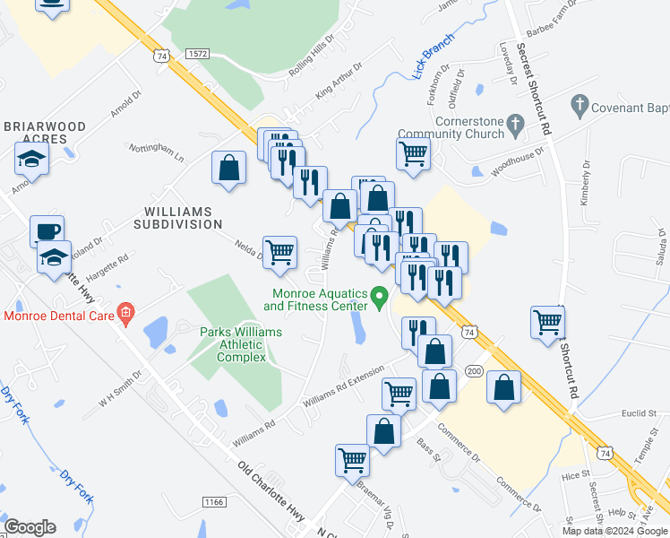 map of restaurants, bars, coffee shops, grocery stores, and more near 1828 Williams Road in Monroe
