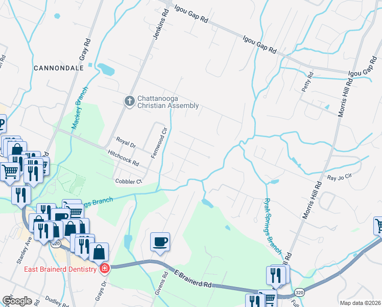 map of restaurants, bars, coffee shops, grocery stores, and more near 1616 Ashley Mill Drive in Chattanooga