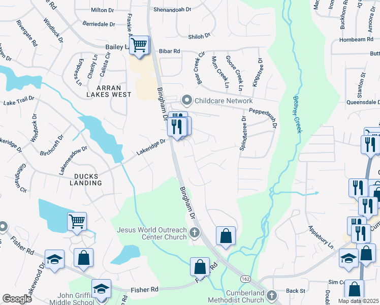 map of restaurants, bars, coffee shops, grocery stores, and more near 2604 Highpoint Court in Fayetteville