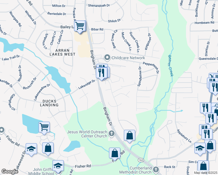map of restaurants, bars, coffee shops, grocery stores, and more near 2604 Highpoint Court in Fayetteville