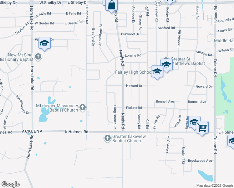 map of restaurants, bars, coffee shops, grocery stores, and more near 5071 Long Branch Drive in Memphis
