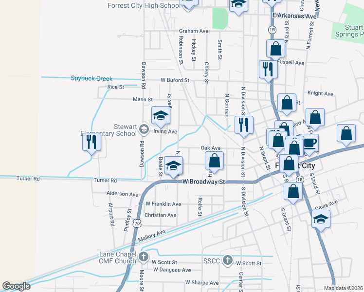 map of restaurants, bars, coffee shops, grocery stores, and more near 219 North Beech Street in Forrest City