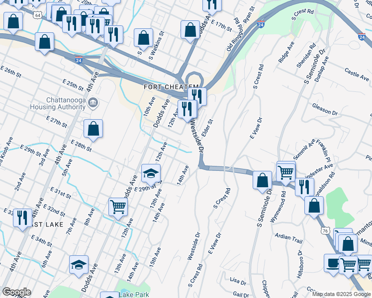 map of restaurants, bars, coffee shops, grocery stores, and more near 3012 Woodside Street in Chattanooga